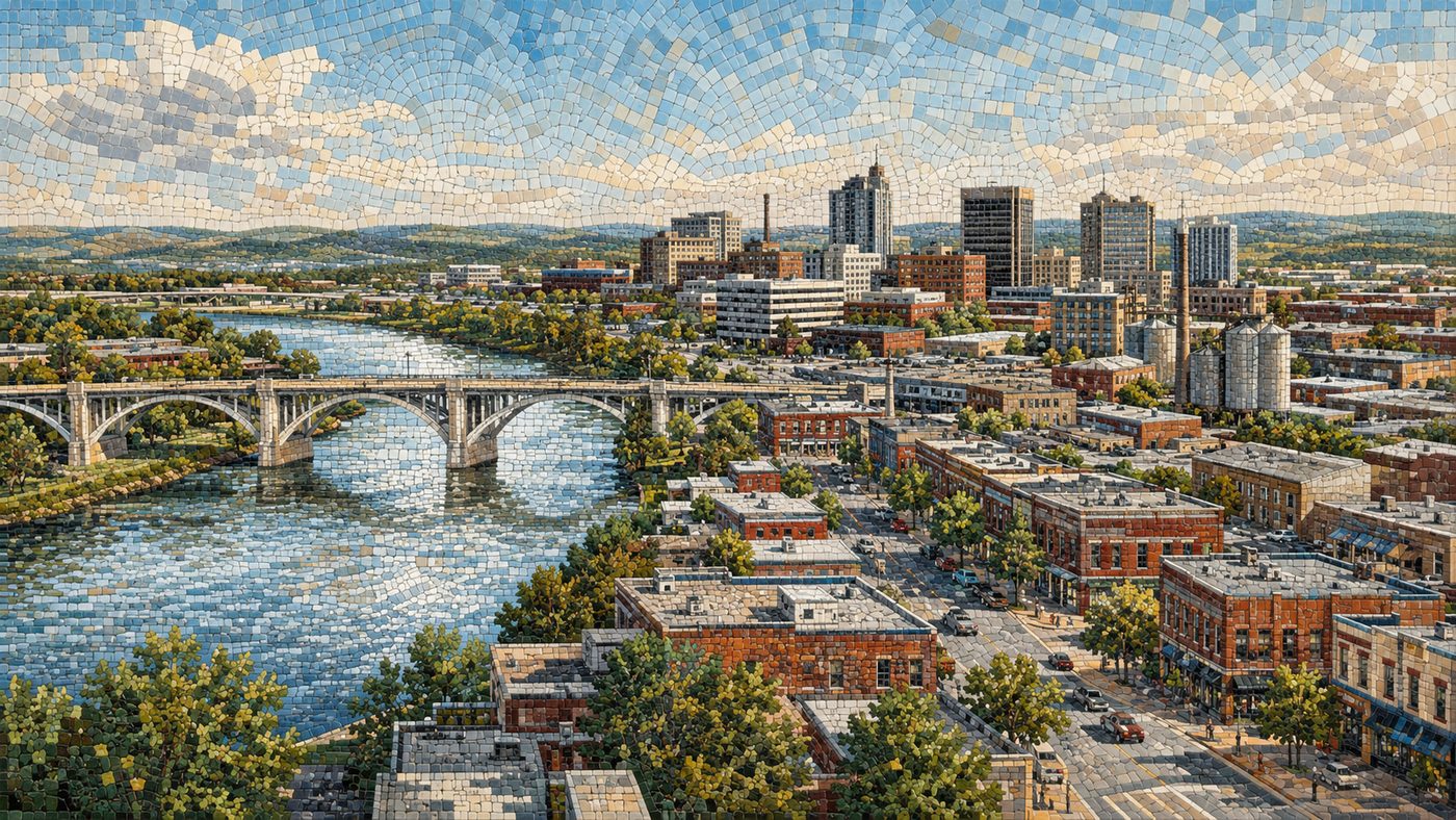 Mosaic of a river town: bridge, main street and the businesses along it