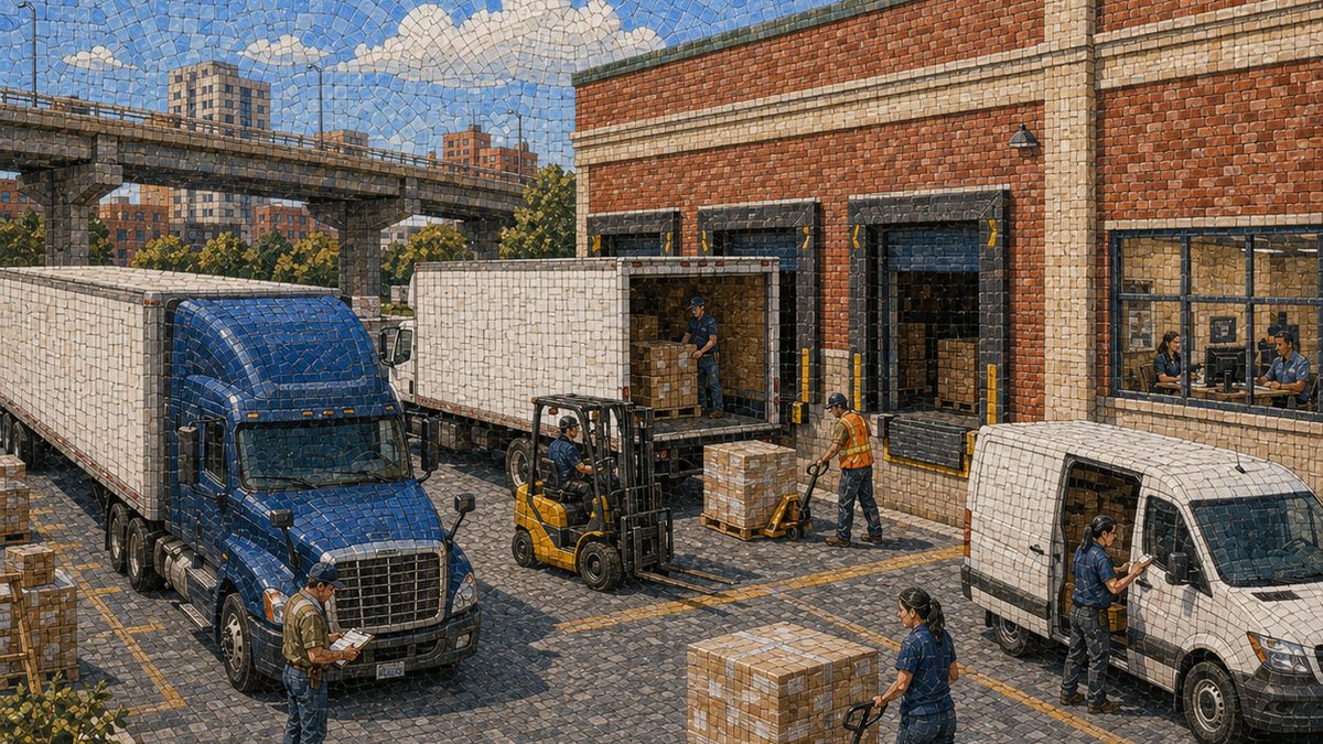 Mosaic of trucks at a loading dock